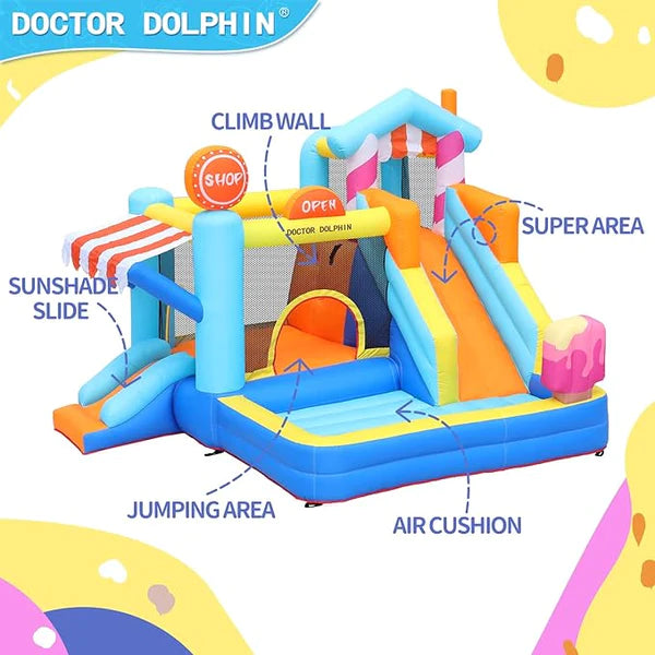 Inflável Doctor Dolphin, salto duplo com escorregador para crianças de 2 a 12 anos, para ambientes internos e externos [PROMOÇÃO FINALIZA ESTOQUE]