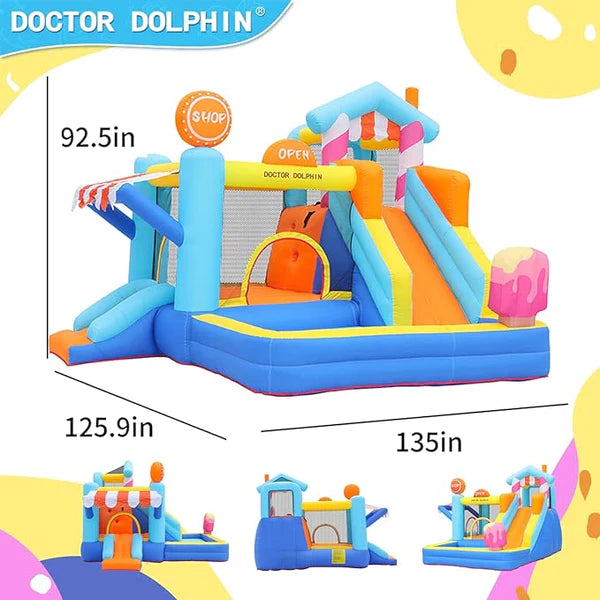 Inflável Doctor Dolphin, salto duplo com escorregador para crianças de 2 a 12 anos, para ambientes internos e externos [PROMOÇÃO FINALIZA ESTOQUE]